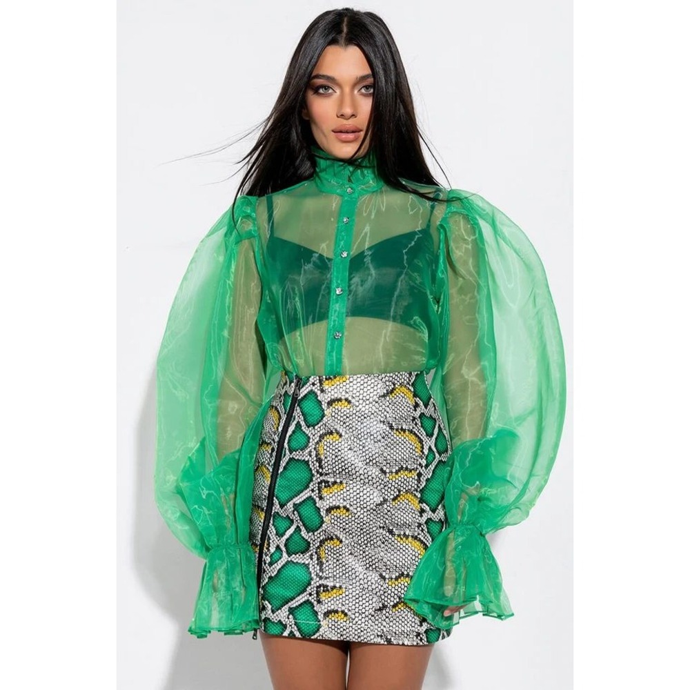 AKIRA Faux Leather Green Snakeskin Mini Skirt Exposed Zipper Festival‎ Party